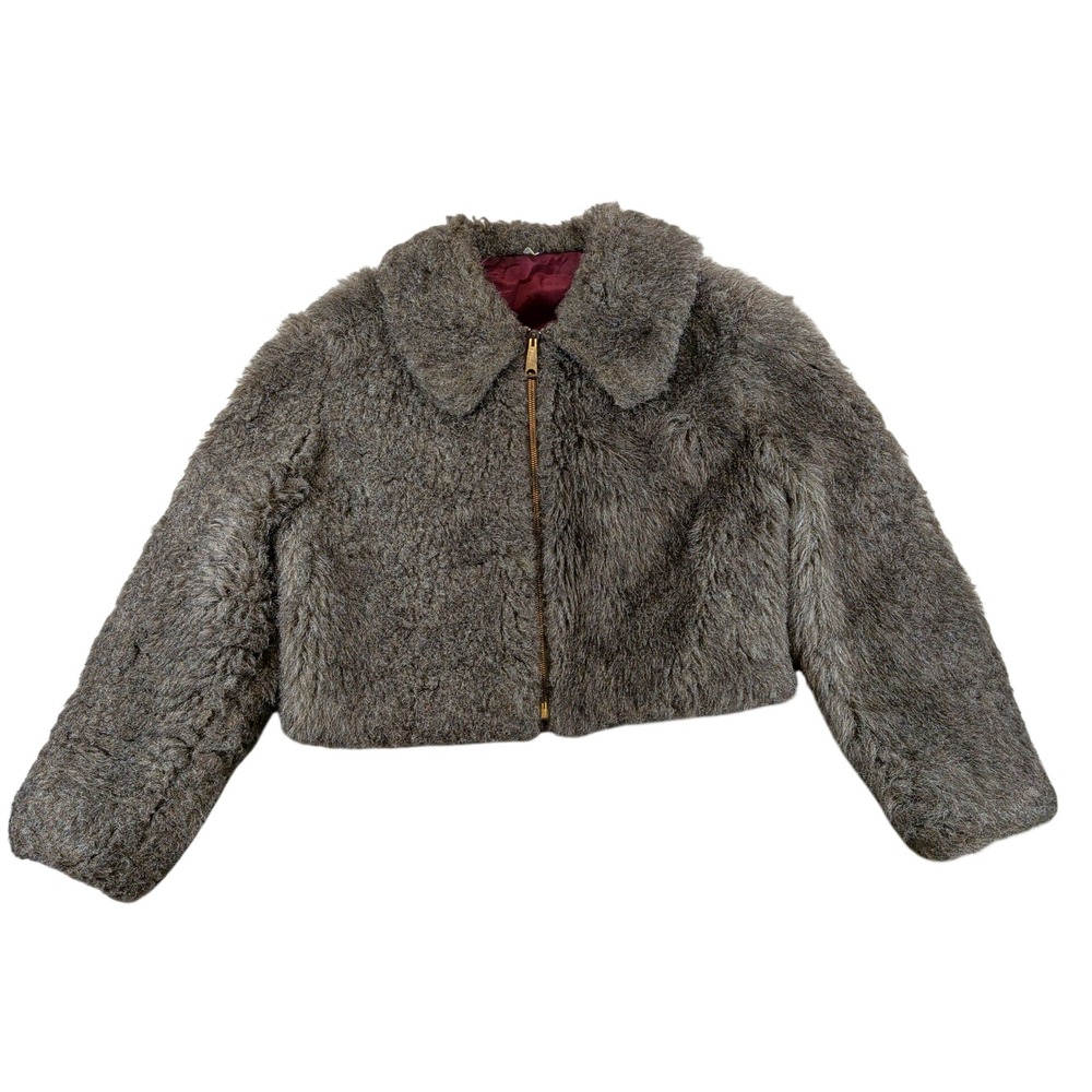 Vintage Brown Faux Fur Cropped Jacket Zip Up Collared Coat Womens Small 60s 70s